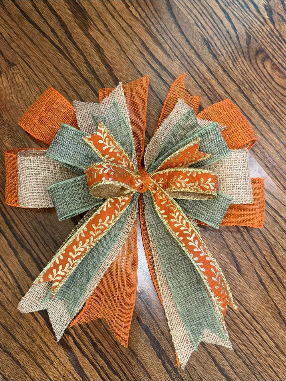 Triple-Layer Burlap Holiday Bow in Orange, Green & Natural
